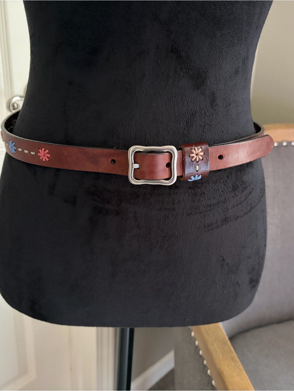 Dockers Brown Leather Belt with Pink & Blue Floral Accents